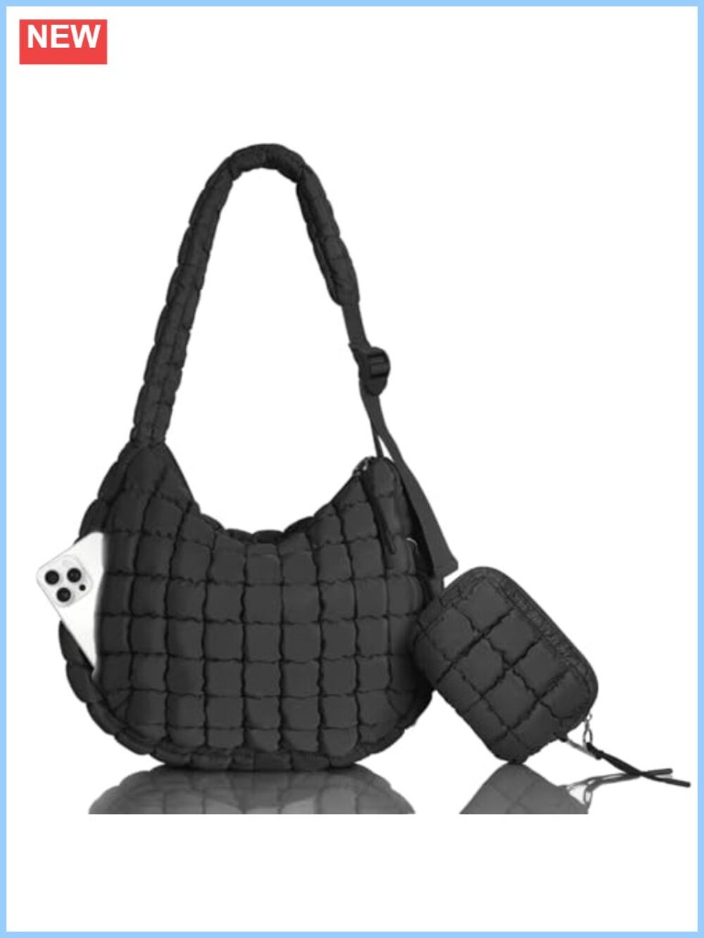 Quilted Puffer Tote Bag Adjustable Crossbody Hobo with Detachable Pouch